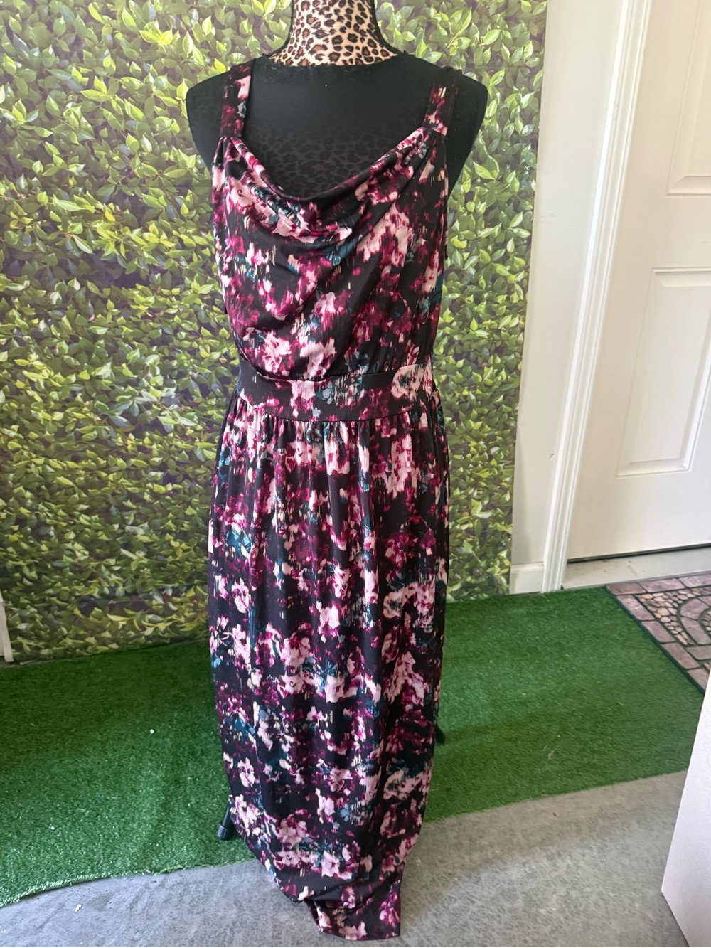Floral Cowl Neck Maxi Dress - Black and Pink p28